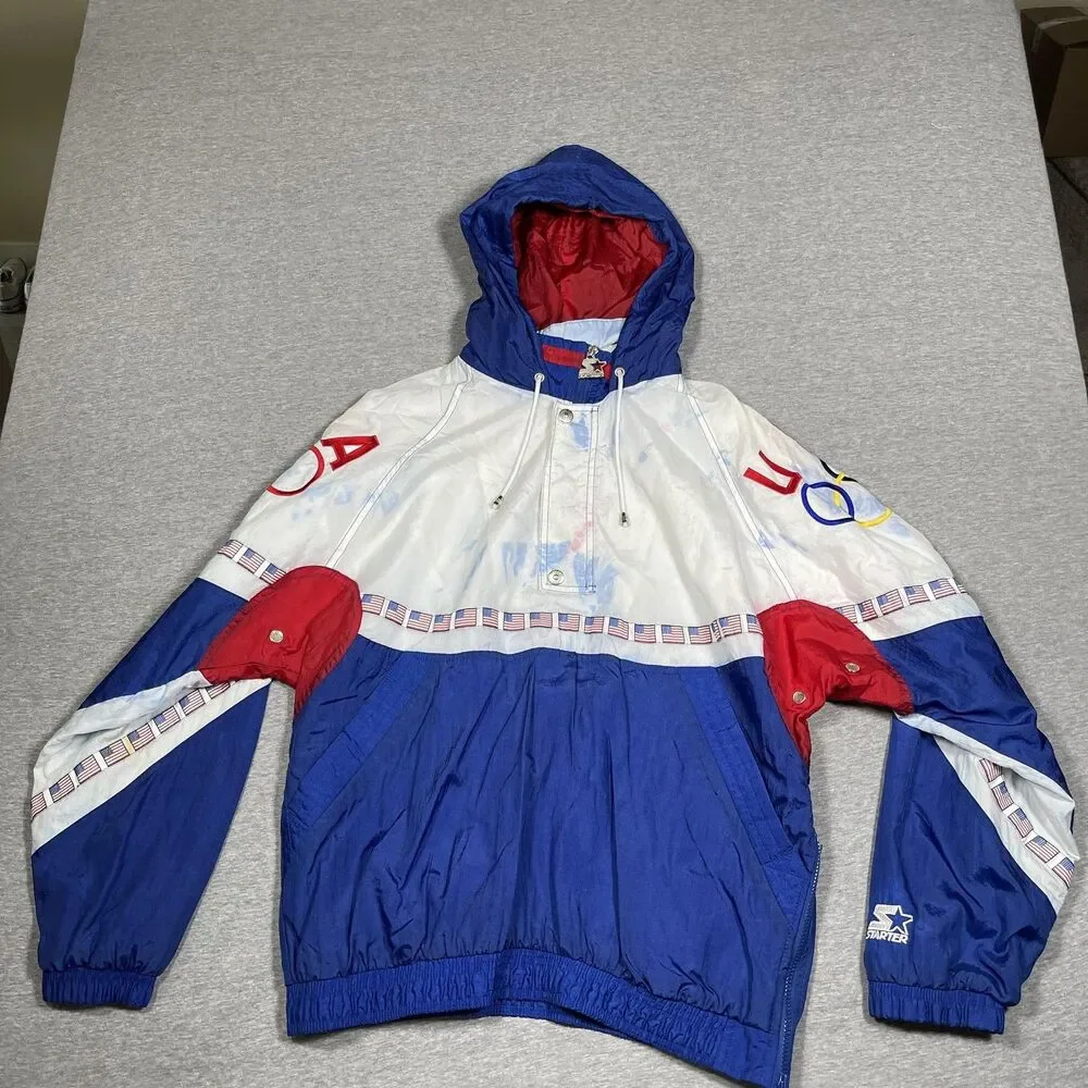 Vintage Starter Windbreaker Jacket Mens L Blue USA Olympic Hooded Pockets Lined